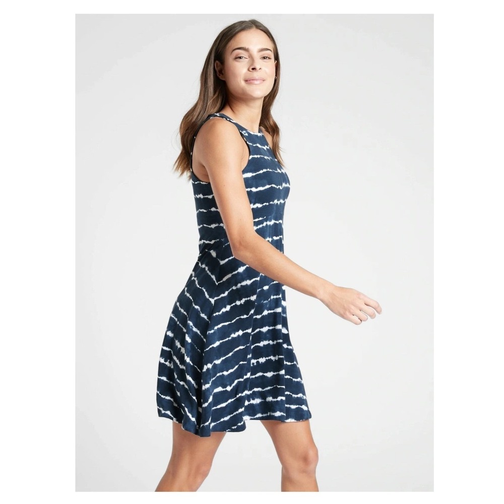 Athleta Santorini Thera Dress Small Navy‎ Blue Tie Dye Stripe Mini Summer Beach